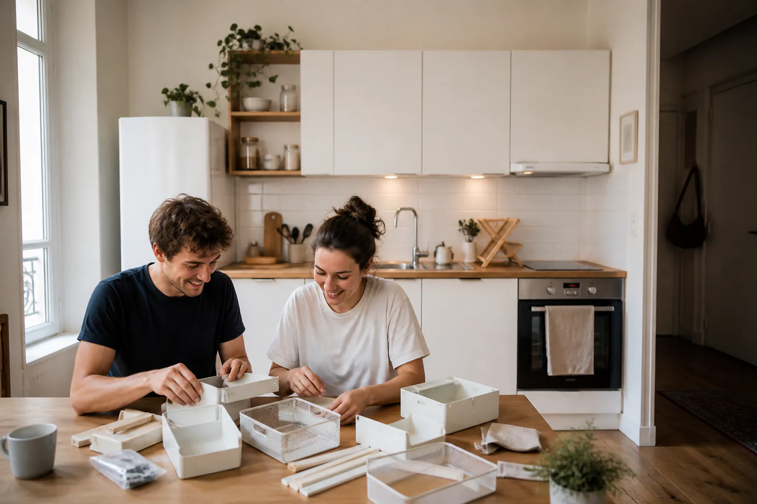 Un jeune couple assemble des rangements dans une cuisine compacte au budget maîtrisé