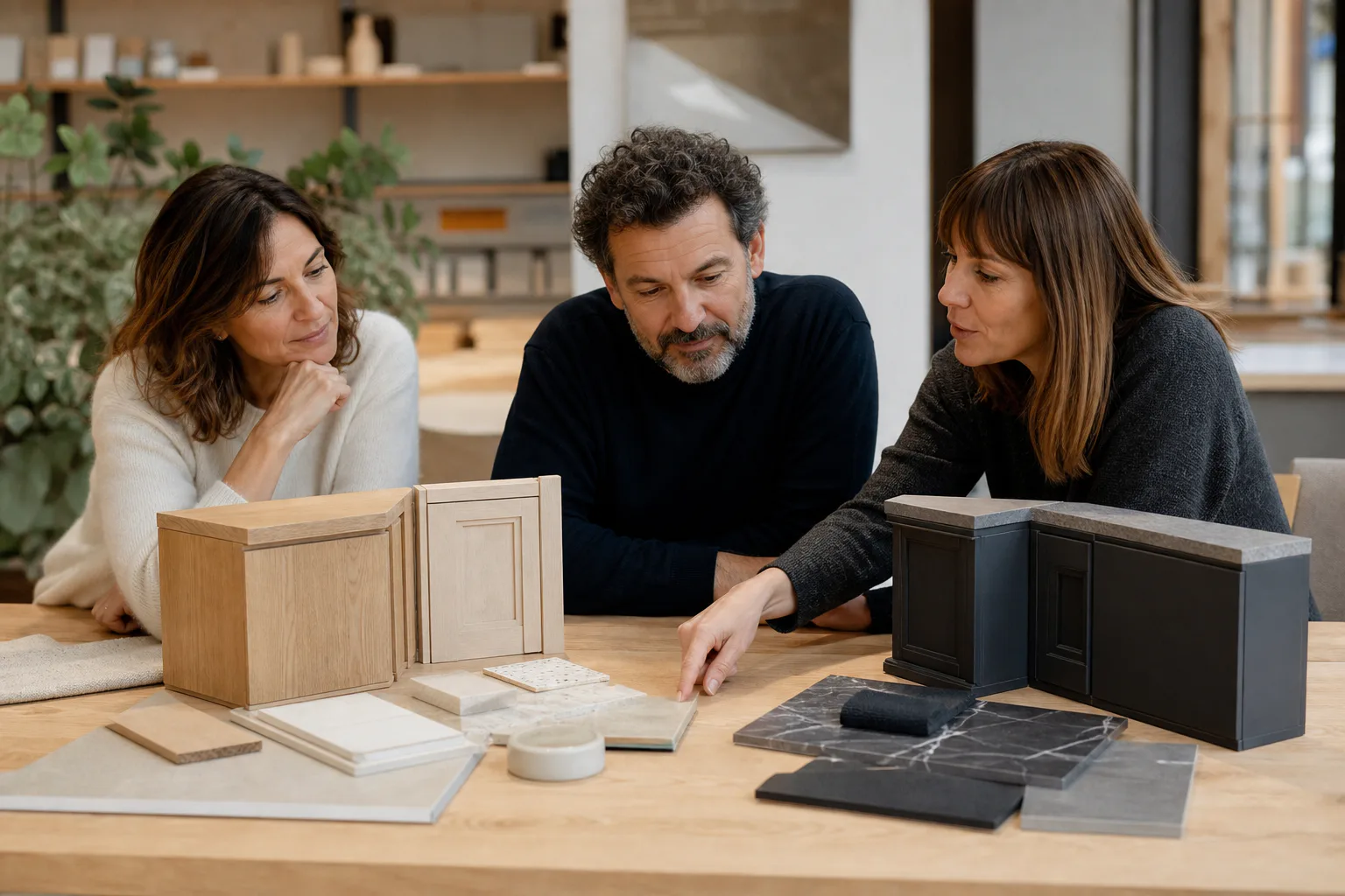 Un couple et une conseillère comparent deux familles de façades et de plans de travail
