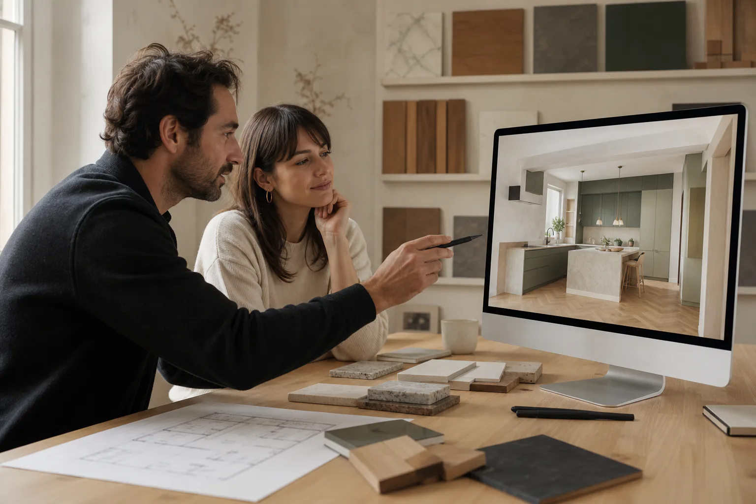 Un concepteur présente une cuisine en trois dimensions à sa cliente devant des échantillons de matériaux