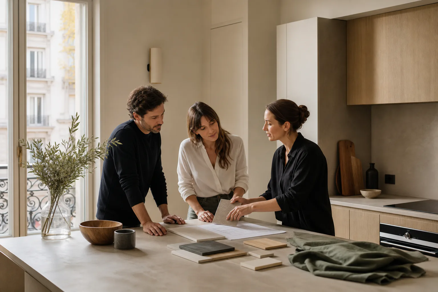 Un couple échange avec une conceptrice autour de plans et d’échantillons dans une cuisine lyonnaise lumineuse