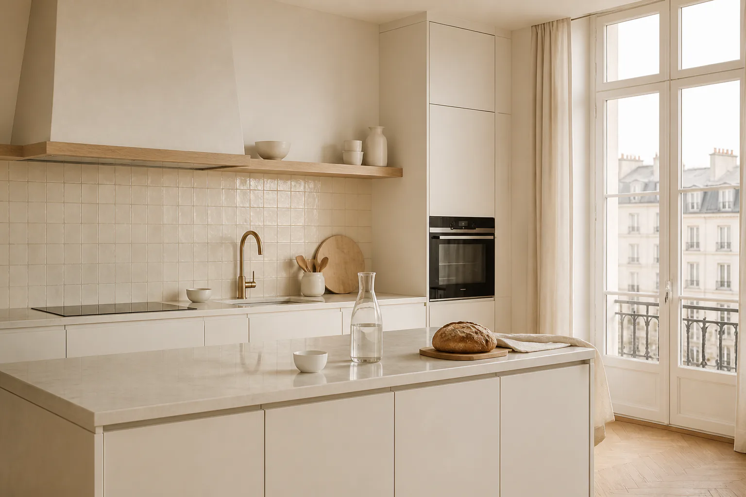 Cuisine blanche lumineuse aux textures crème avec étagère en chêne et plan minéral