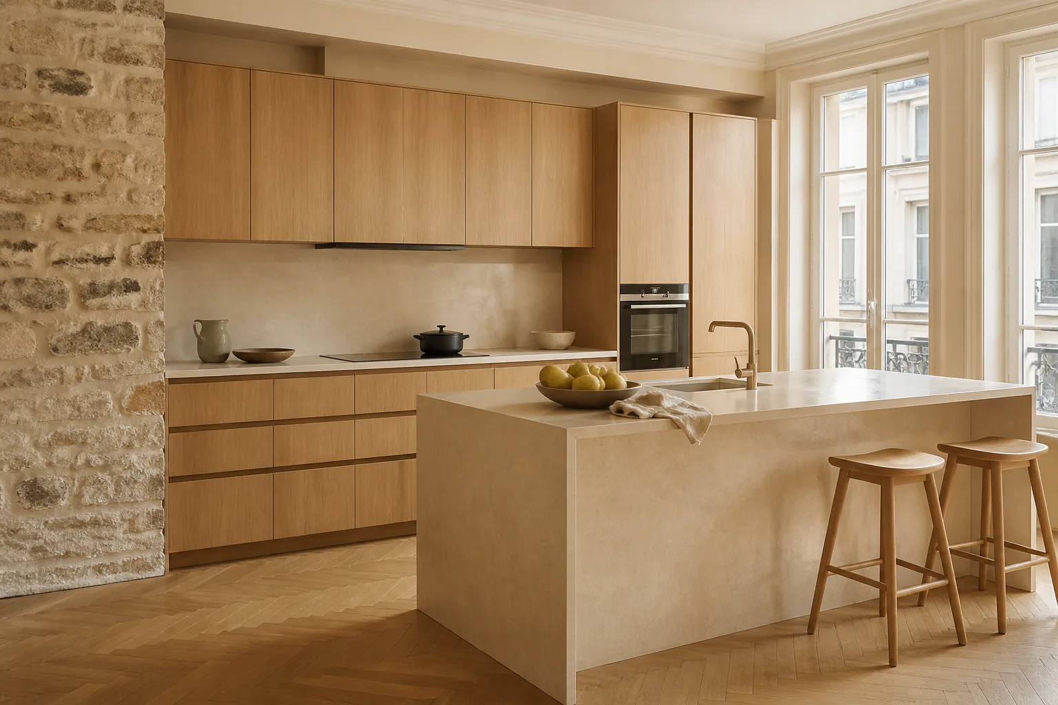 Cuisine contemporaine en chêne clair et pierre dans un appartement ancien lumineux