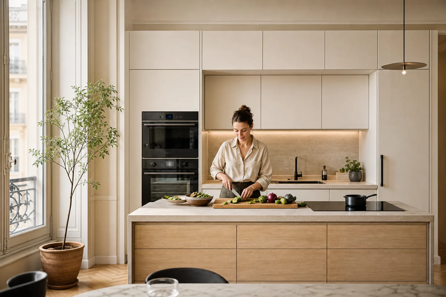 Une habitante prépare un repas dans une cuisine équipée claire en bois et pierre