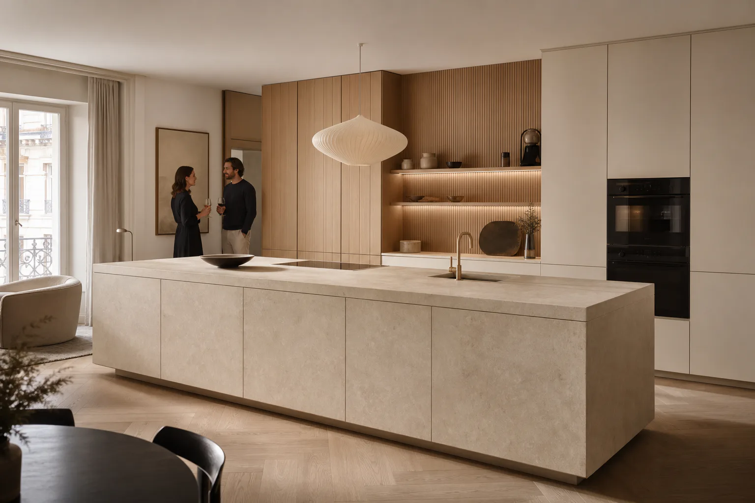 Cuisine haut de gamme en pierre claire et chêne avec un grand îlot sculptural