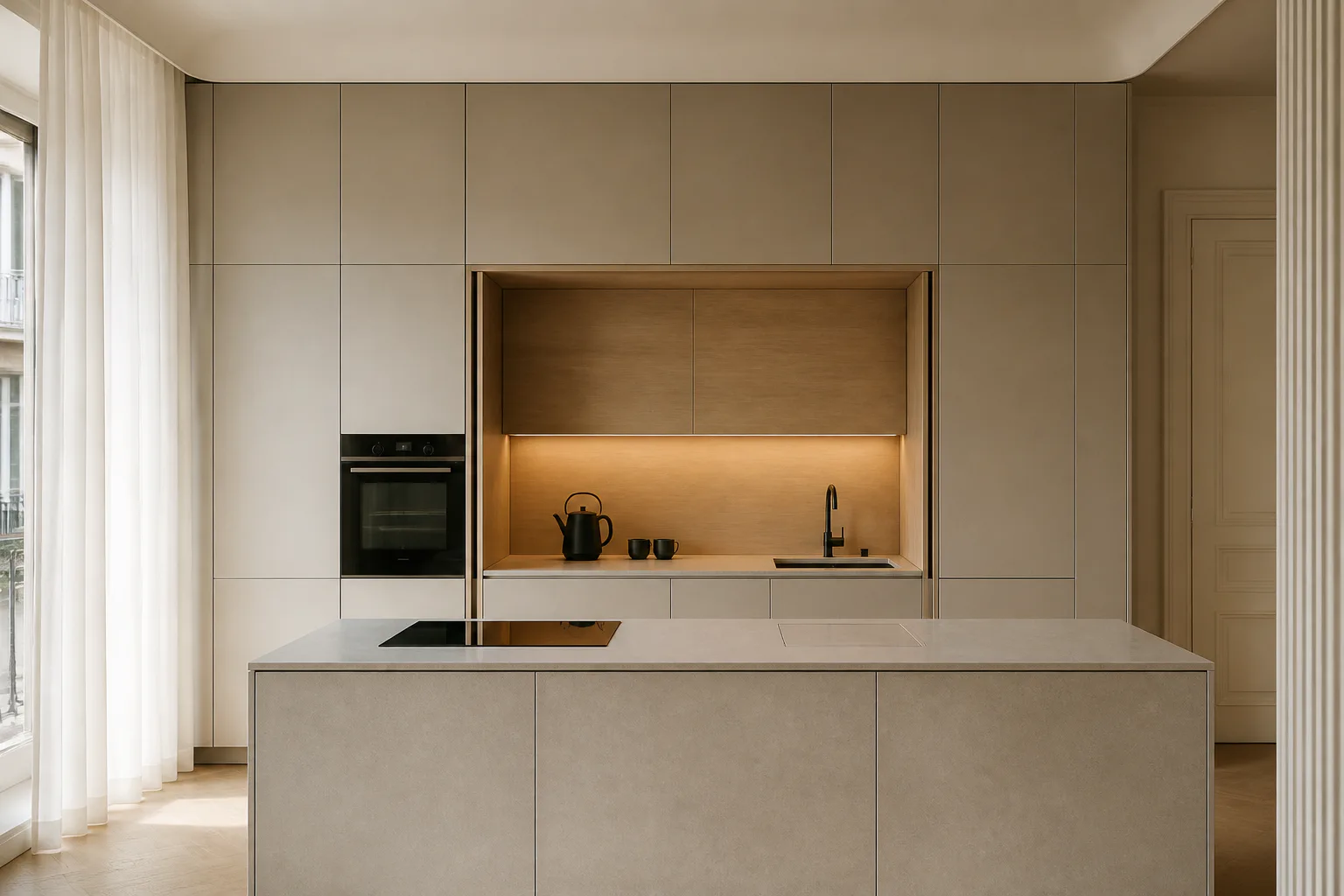 Cuisine minimaliste avec mur de rangements grège, niche en bois et îlot monolithique