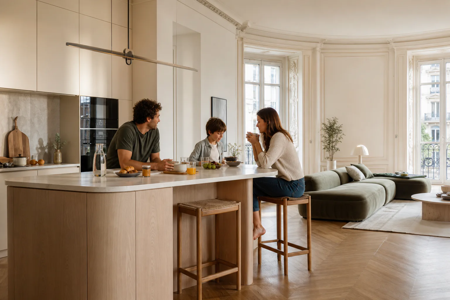 Une famille prend son petit-déjeuner autour de l’îlot d’une cuisine ouverte sur le séjour