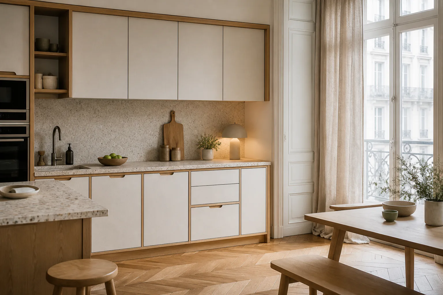 Cuisine d’inspiration scandinave en chêne clair et blanc chaud avec un coin repas