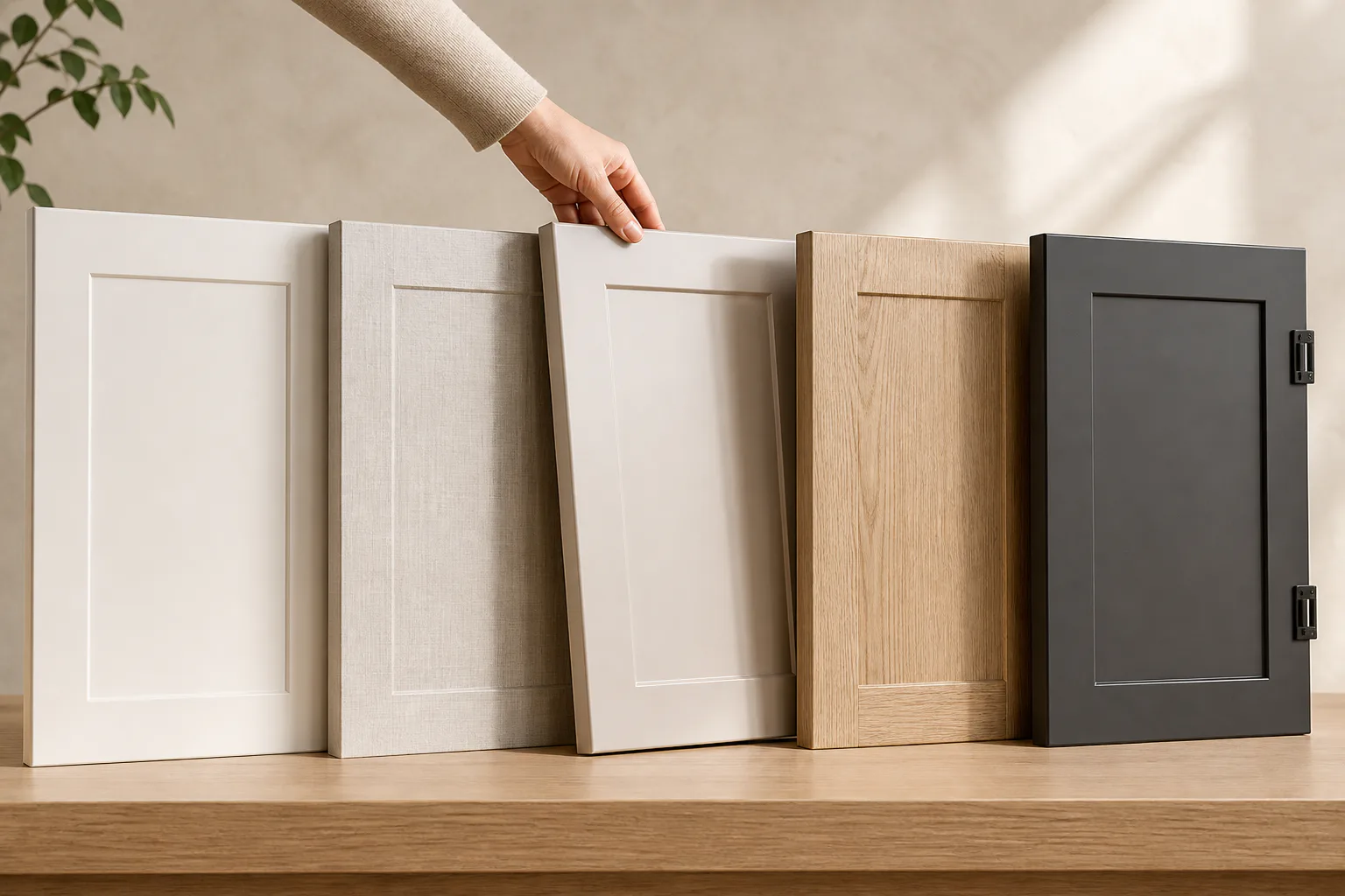 Cinq façades de cuisine en finitions blanche, texturée, laquée, chêne et gris mat