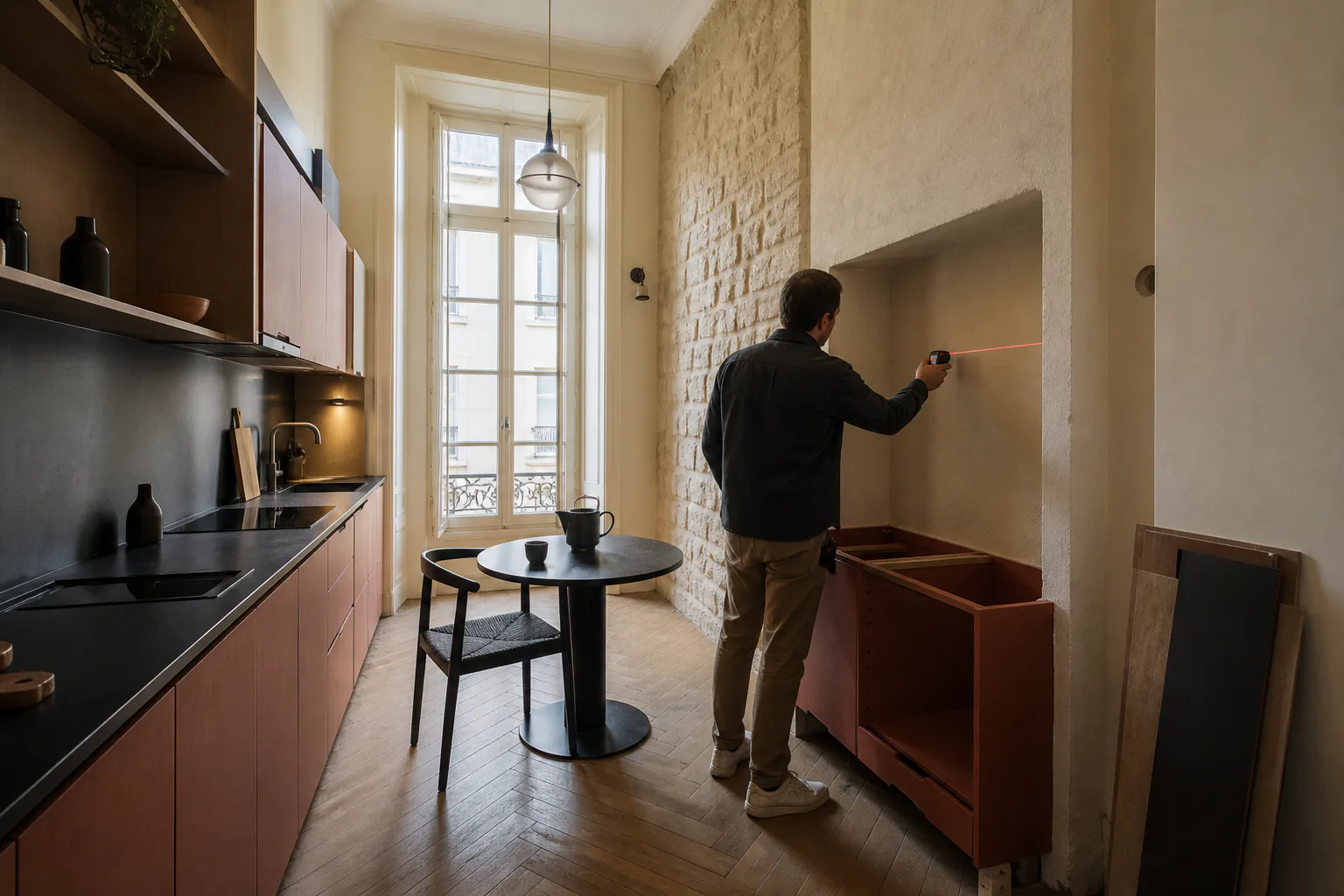 Un cuisiniste mesure au laser une alcôve dans une cuisine étroite aux murs en pierre