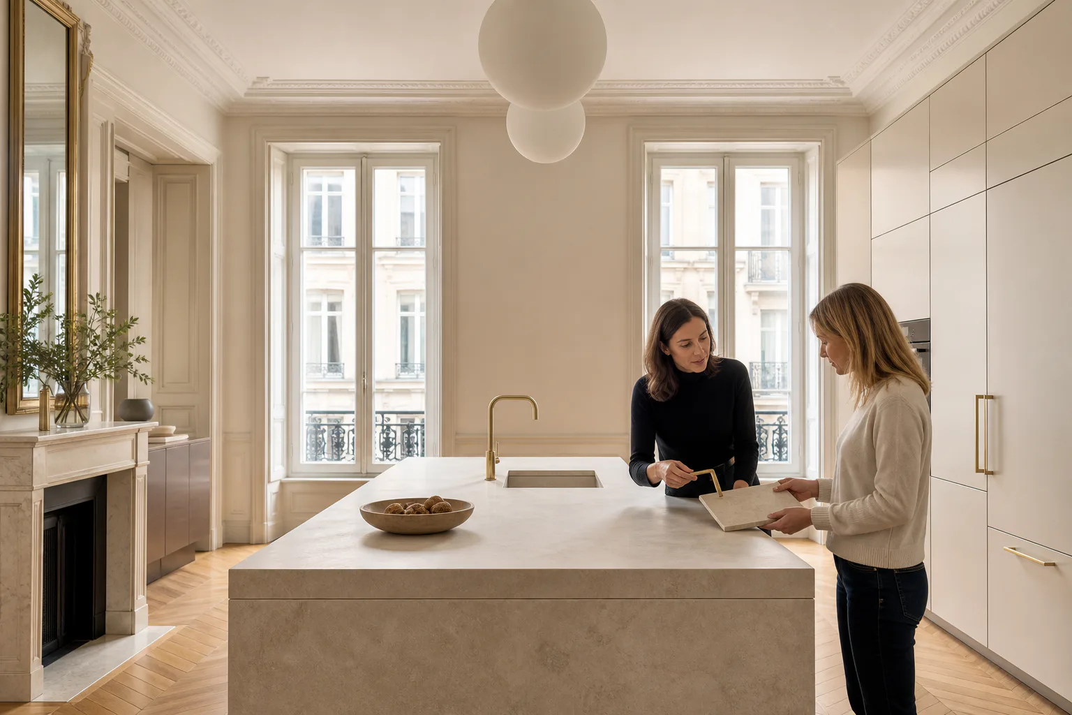 Une conceptrice et une cliente comparent une poignée en laiton et un échantillon de pierre dans une cuisine haussmannienne
