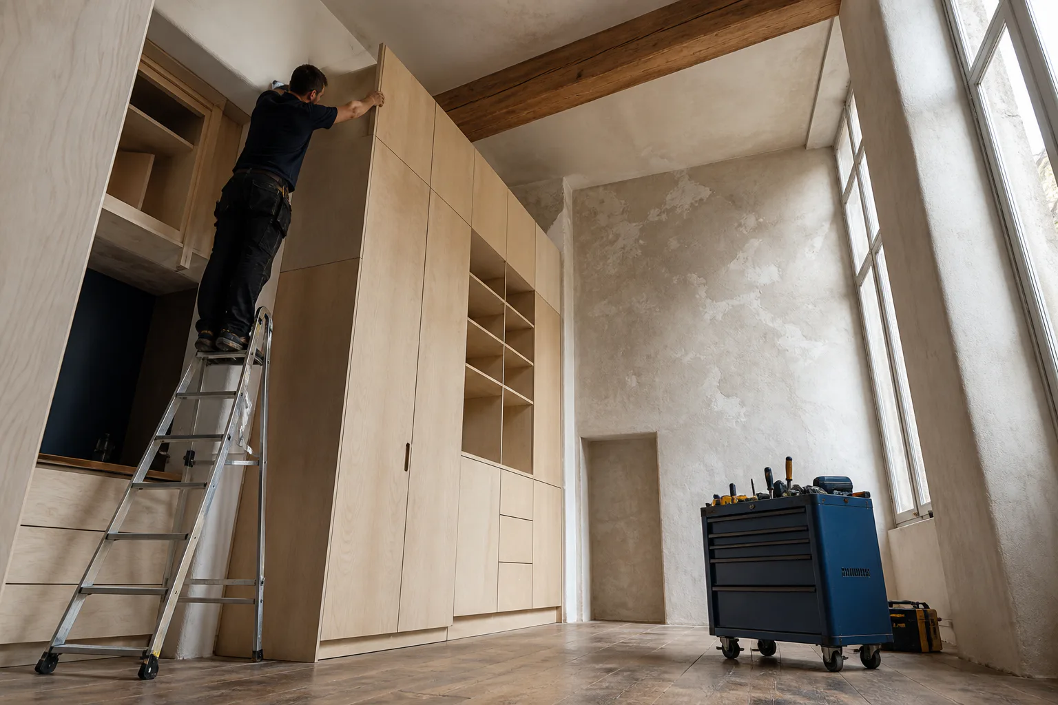 Un menuisier pose un rangement en bouleau toute hauteur dans un ancien atelier aux murs en pierre