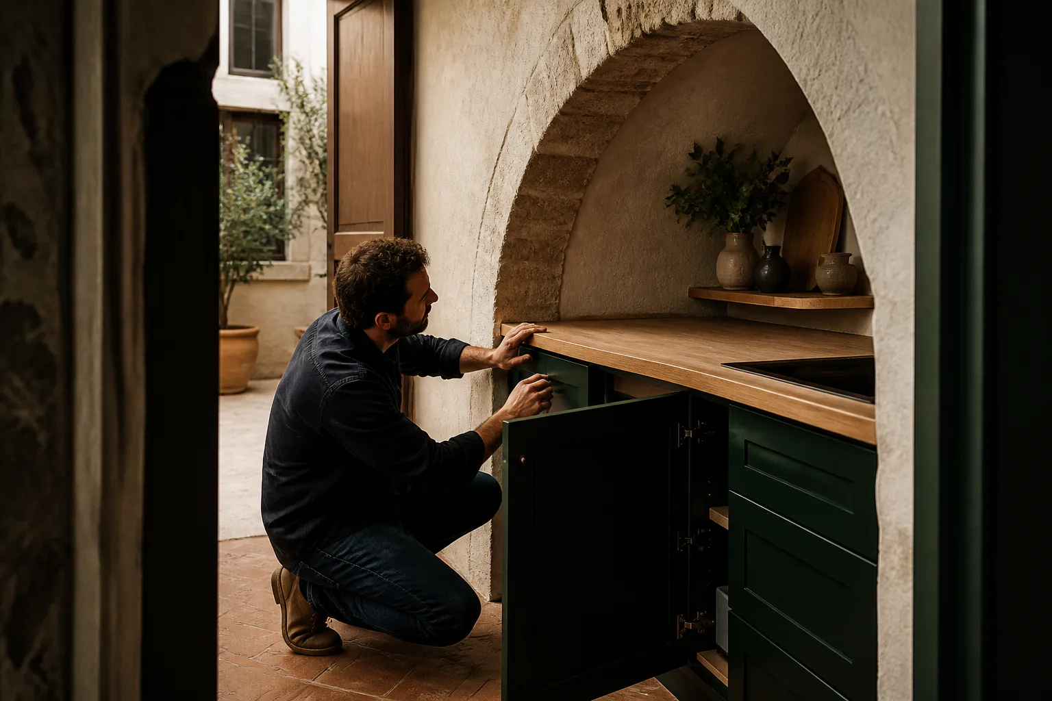 Un artisan ajuste une cuisine vert foncé sous une arche en pierre dans un logement ancien