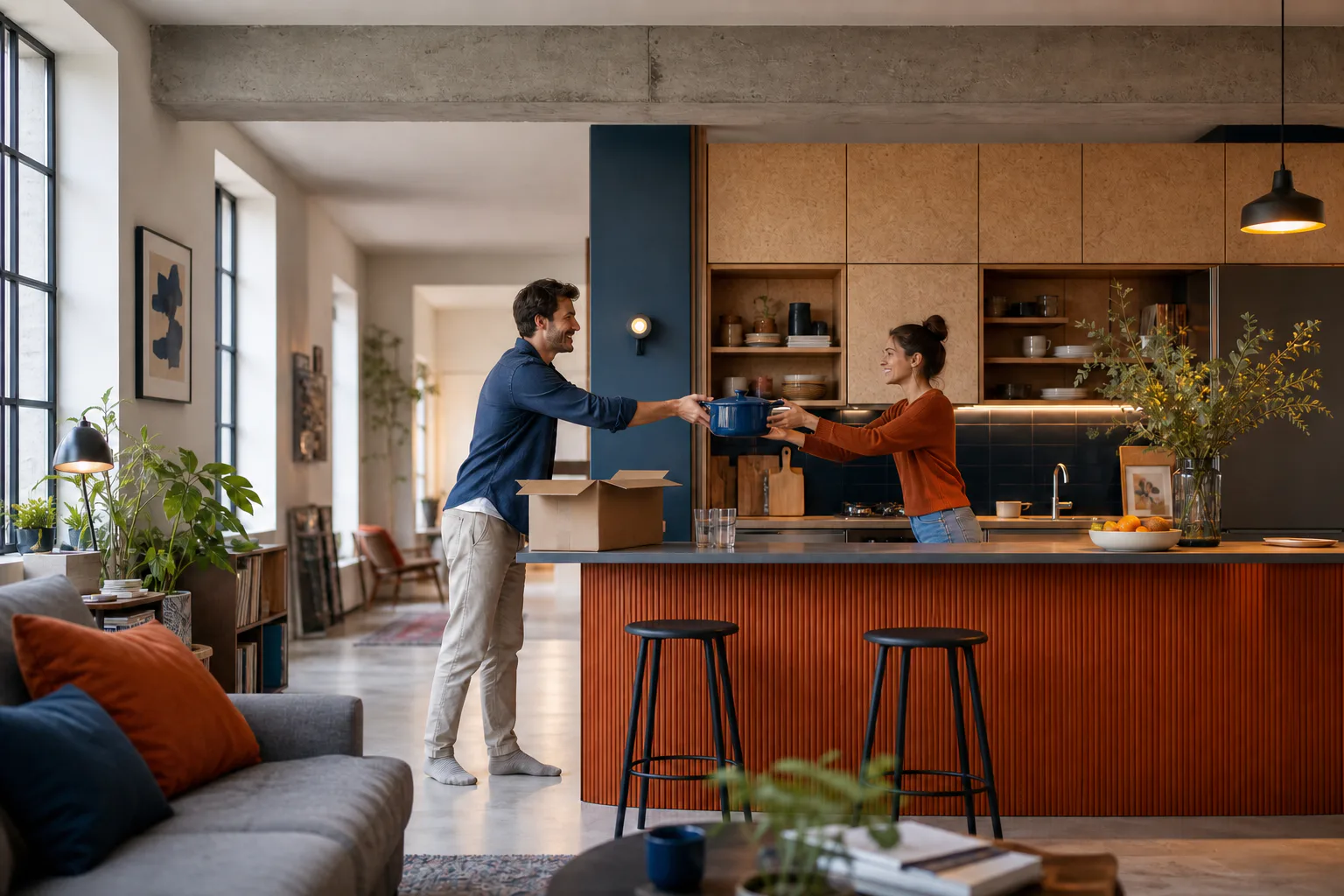 Un couple déballe une cocotte bleue dans une cuisine ouverte avec péninsule terracotta