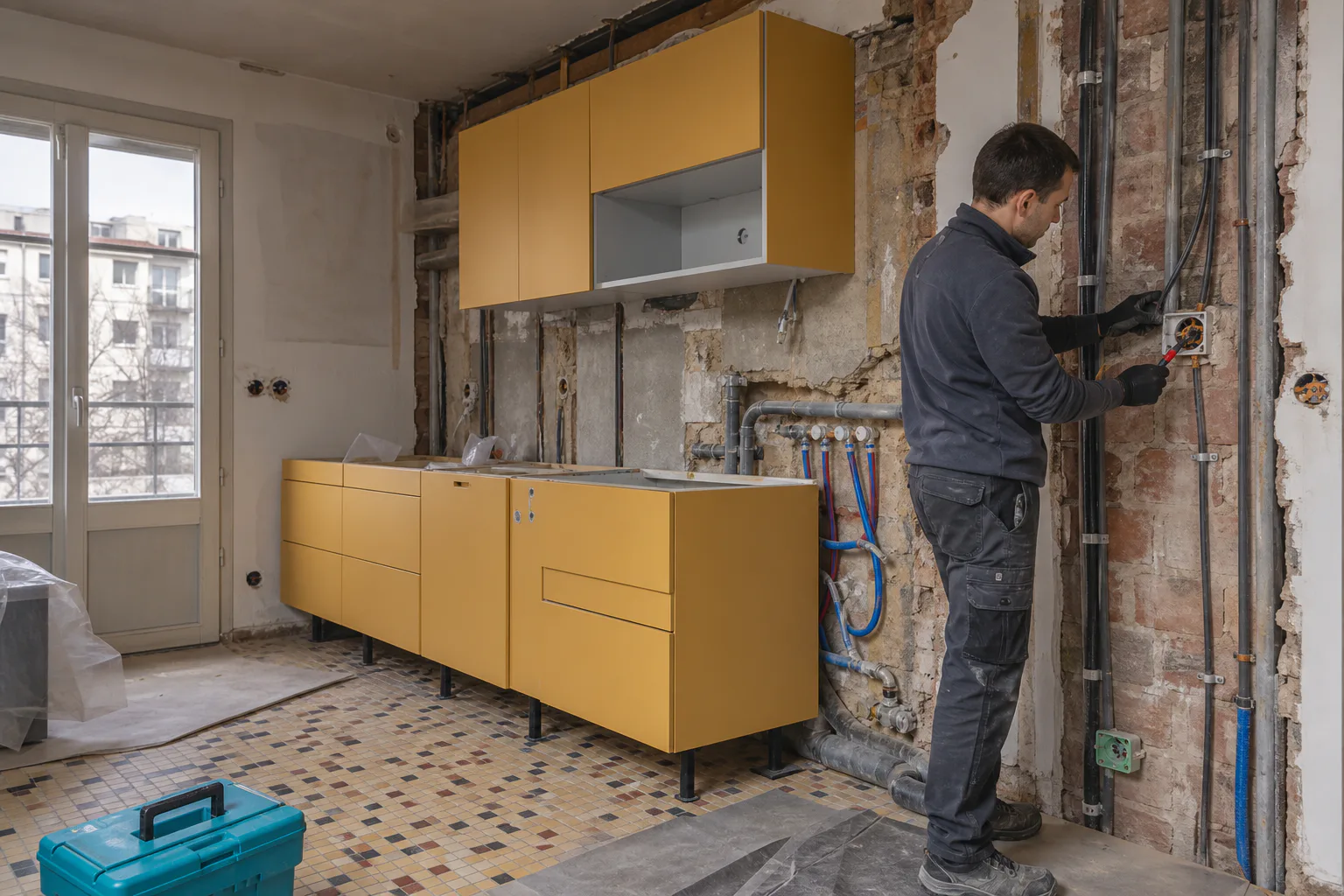 Un électricien reprend les réseaux d’une cuisine aux façades moutarde pendant une rénovation