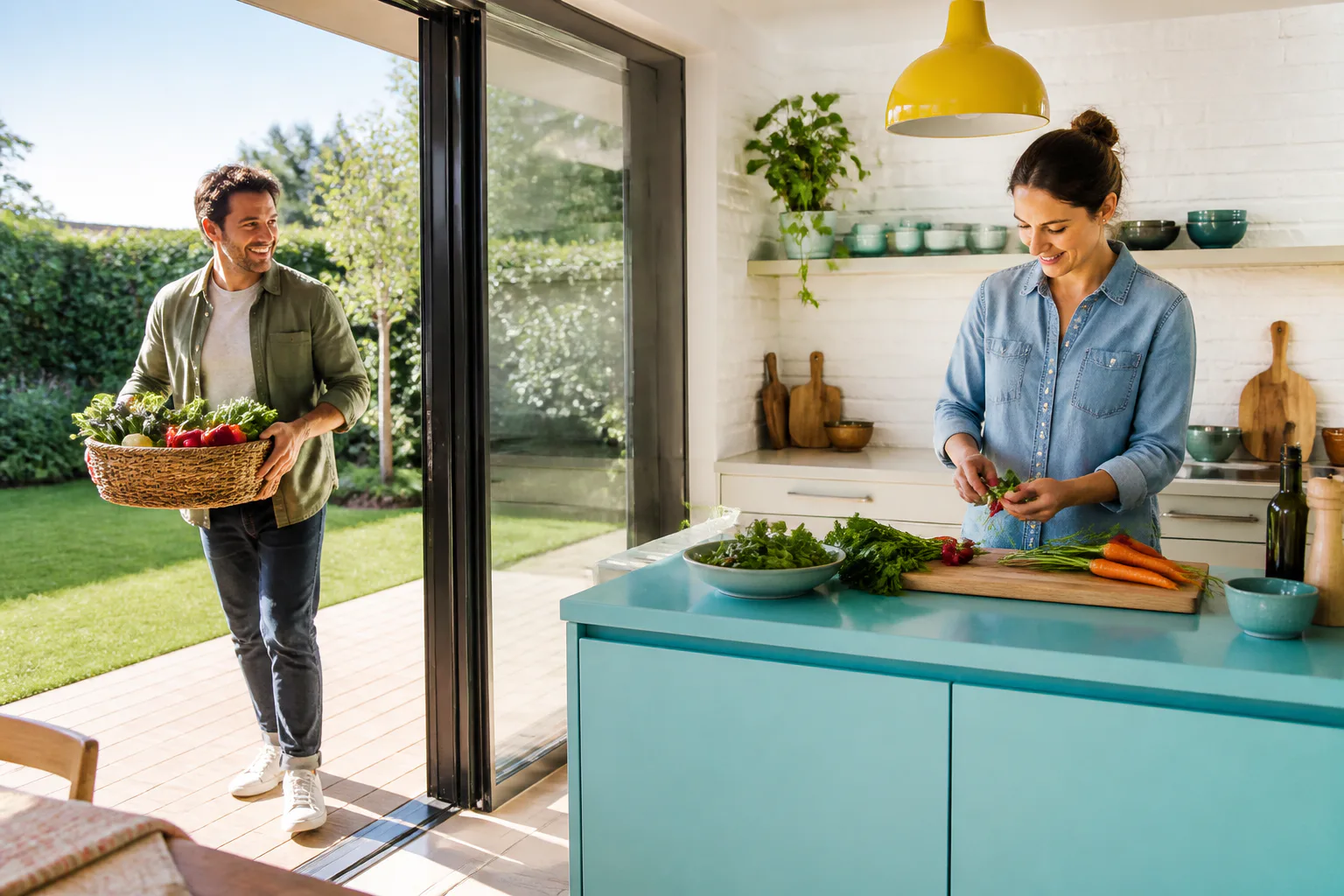 Un homme apporte un panier de légumes dans une cuisine à îlot bleu turquoise