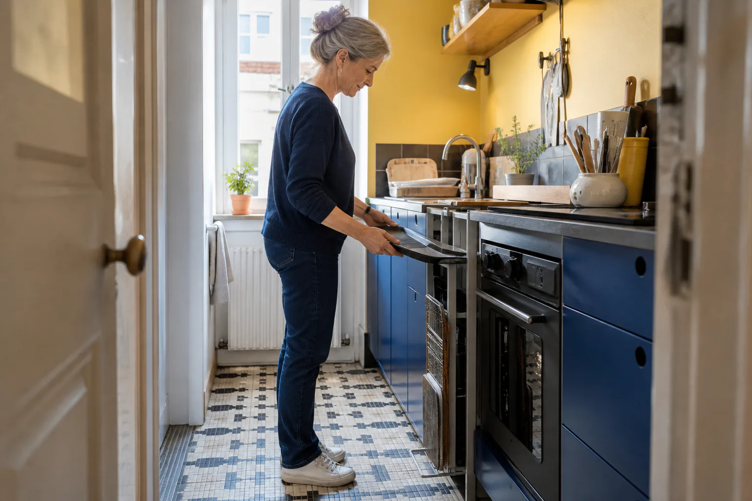 Une habitante range une plaque dans un meuble étroit d’une petite cuisine bleue