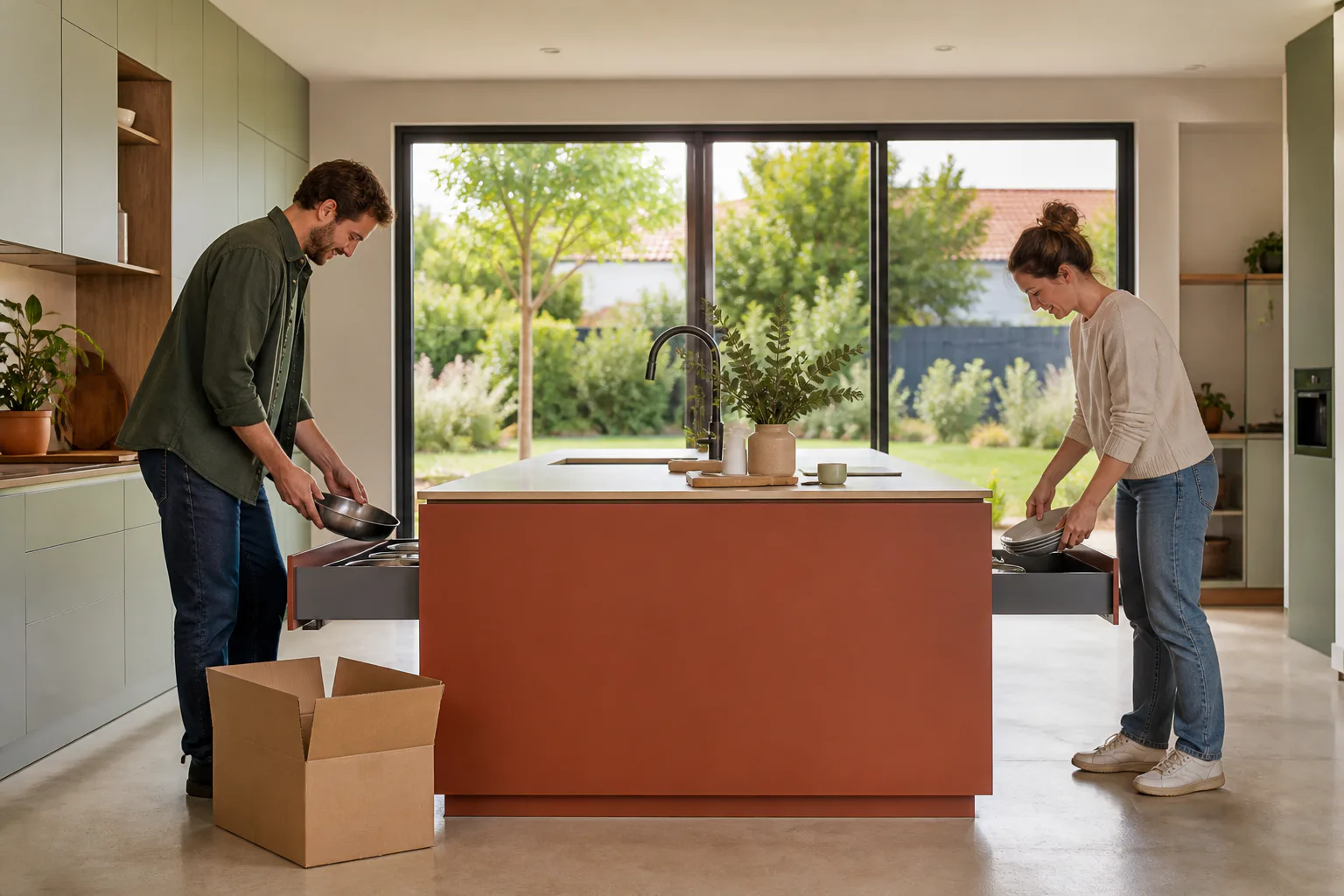 Un couple range des casseroles et des assiettes dans un îlot terracotta