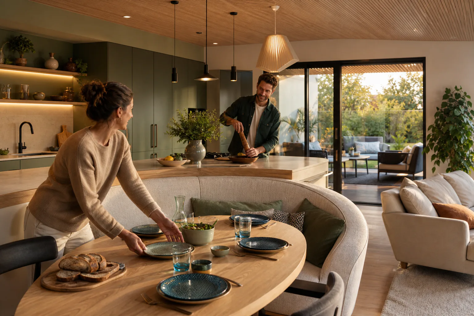Un couple dresse une table devant une banquette courbe dans une cuisine ouverte