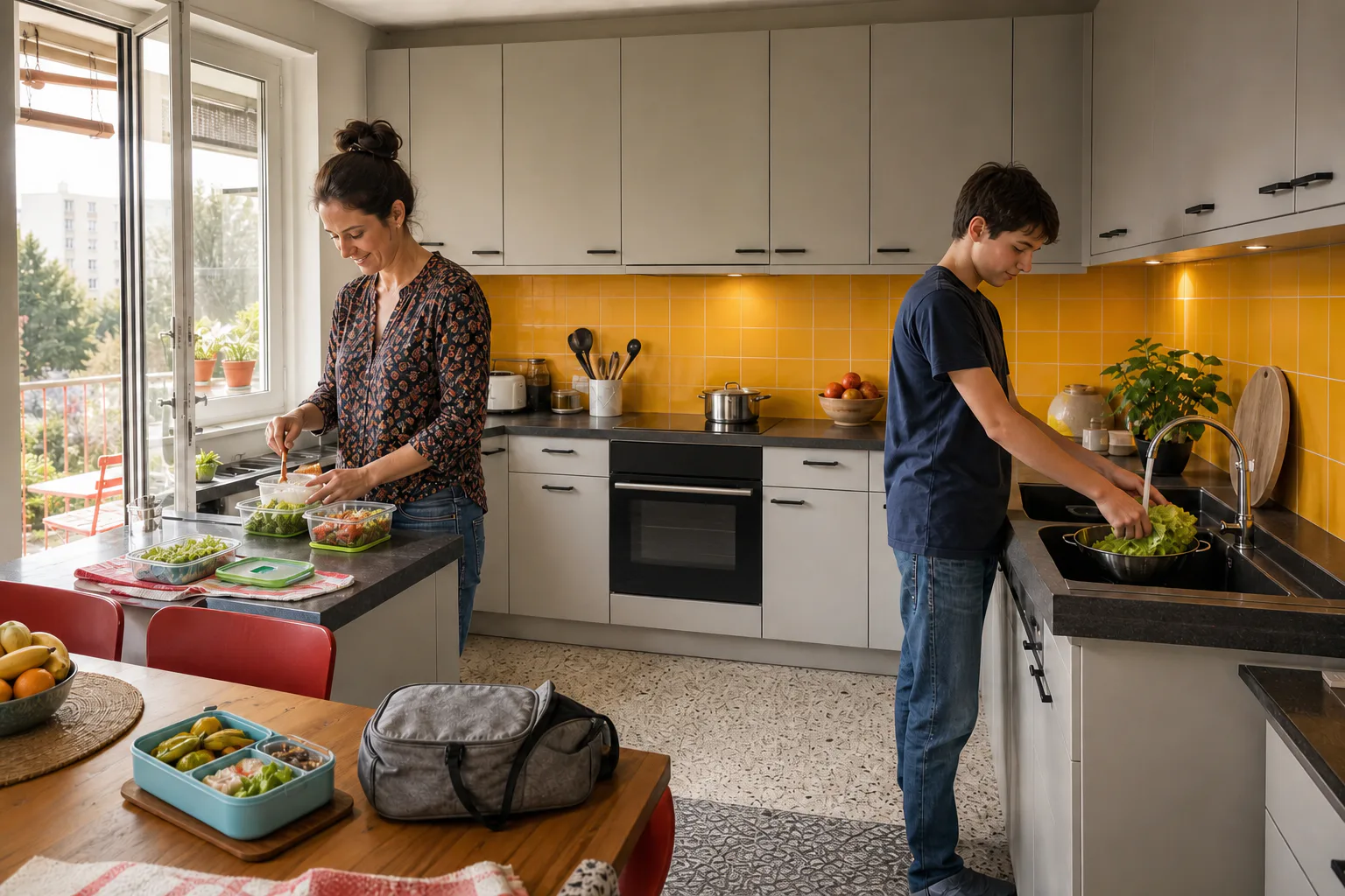 Une femme et un adolescent préparent des boîtes repas dans une cuisine familiale
