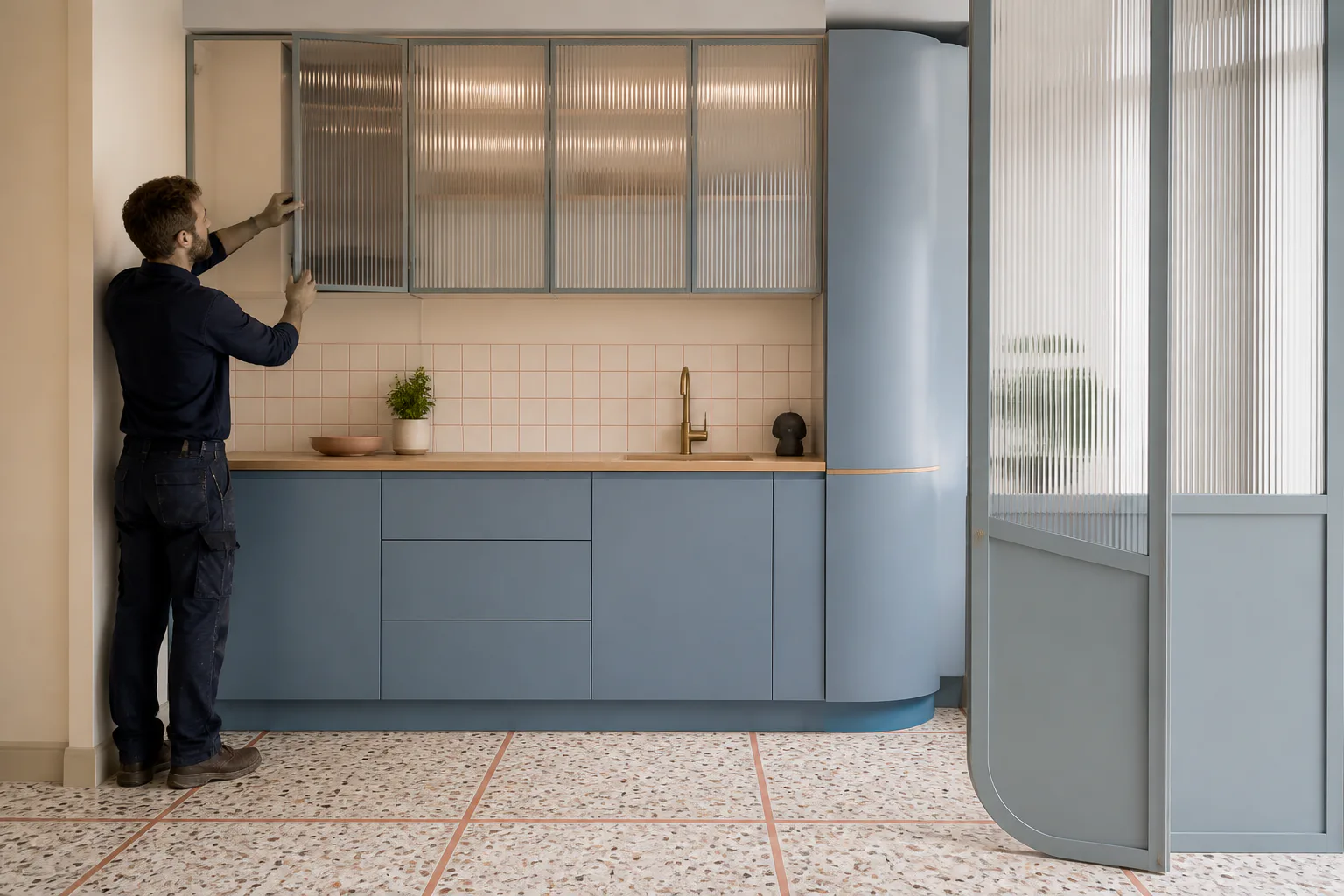 Un menuisier aligne une porte en verre cannelé dans une cuisine bleu poudré et terrazzo