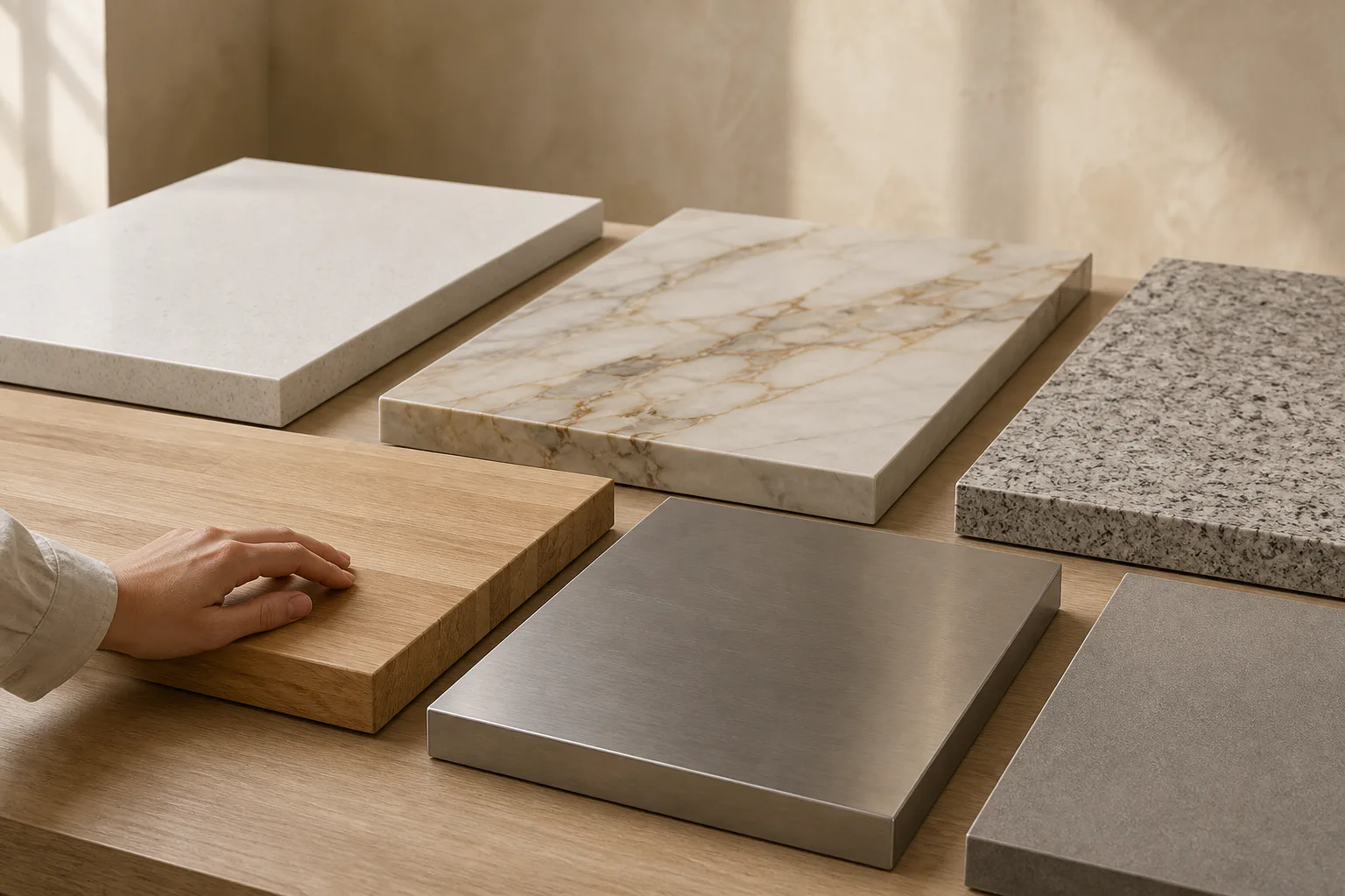 Échantillons de plans de travail en quartz, céramique, granit, bois, inox et stratifié