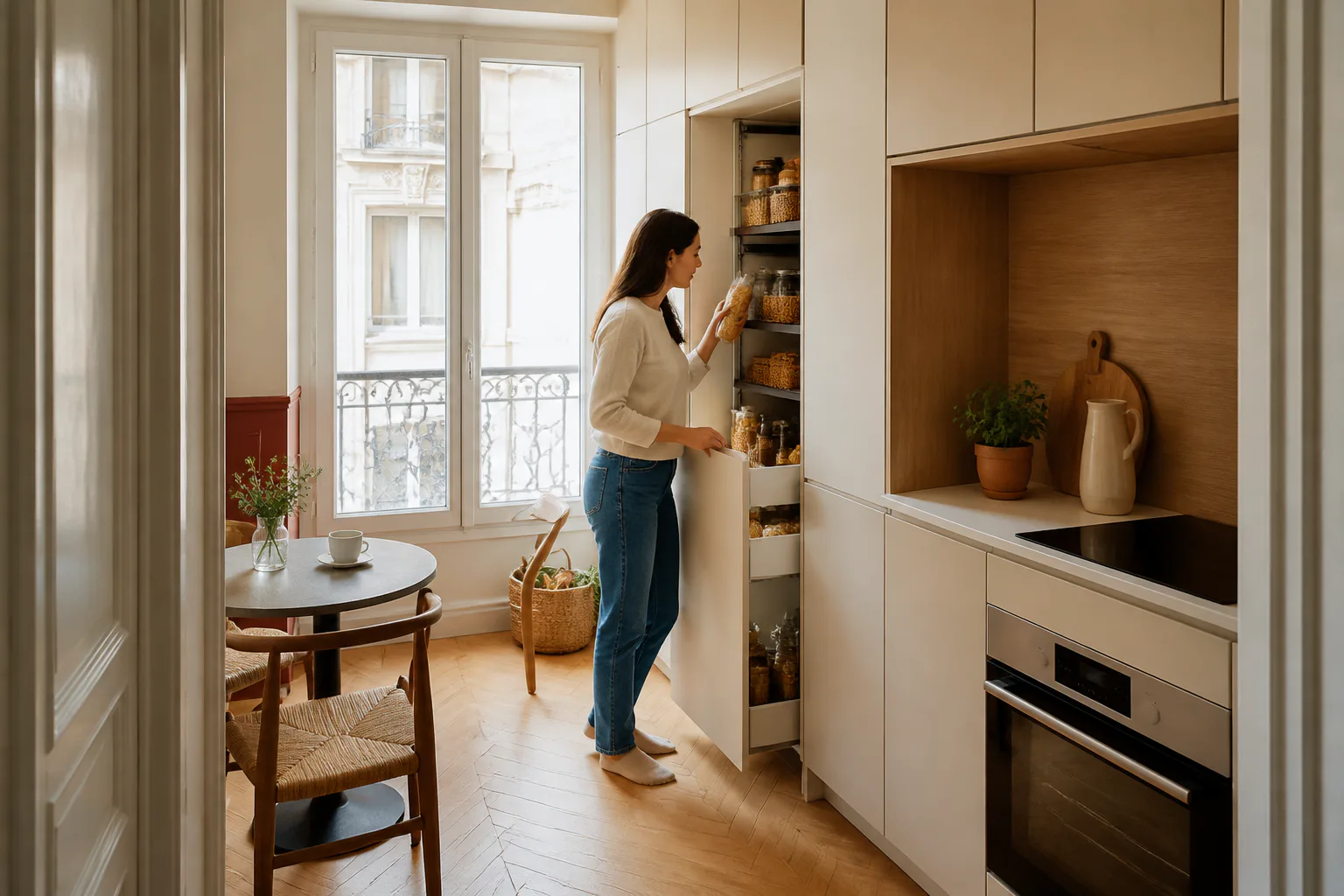 Une habitante range ses courses dans une colonne coulissante d’une petite cuisine optimisée