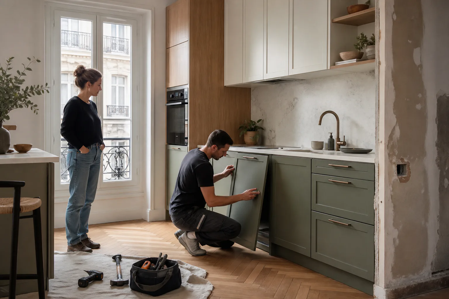 Un artisan règle une façade vert sauge dans une cuisine d’appartement en cours de rénovation